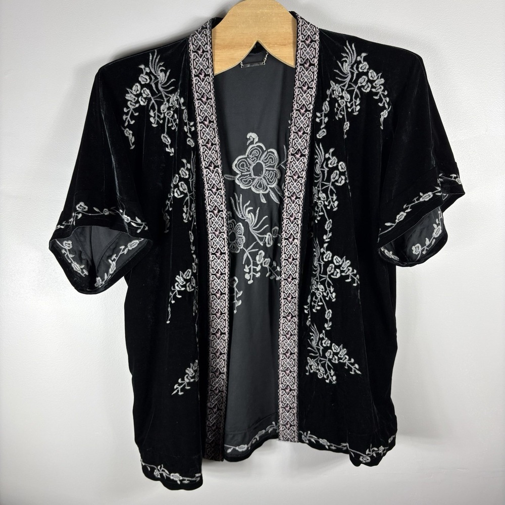 Paparazzi Women's XL Black Purple Embriodered Velvet Open Front Duster Jacket